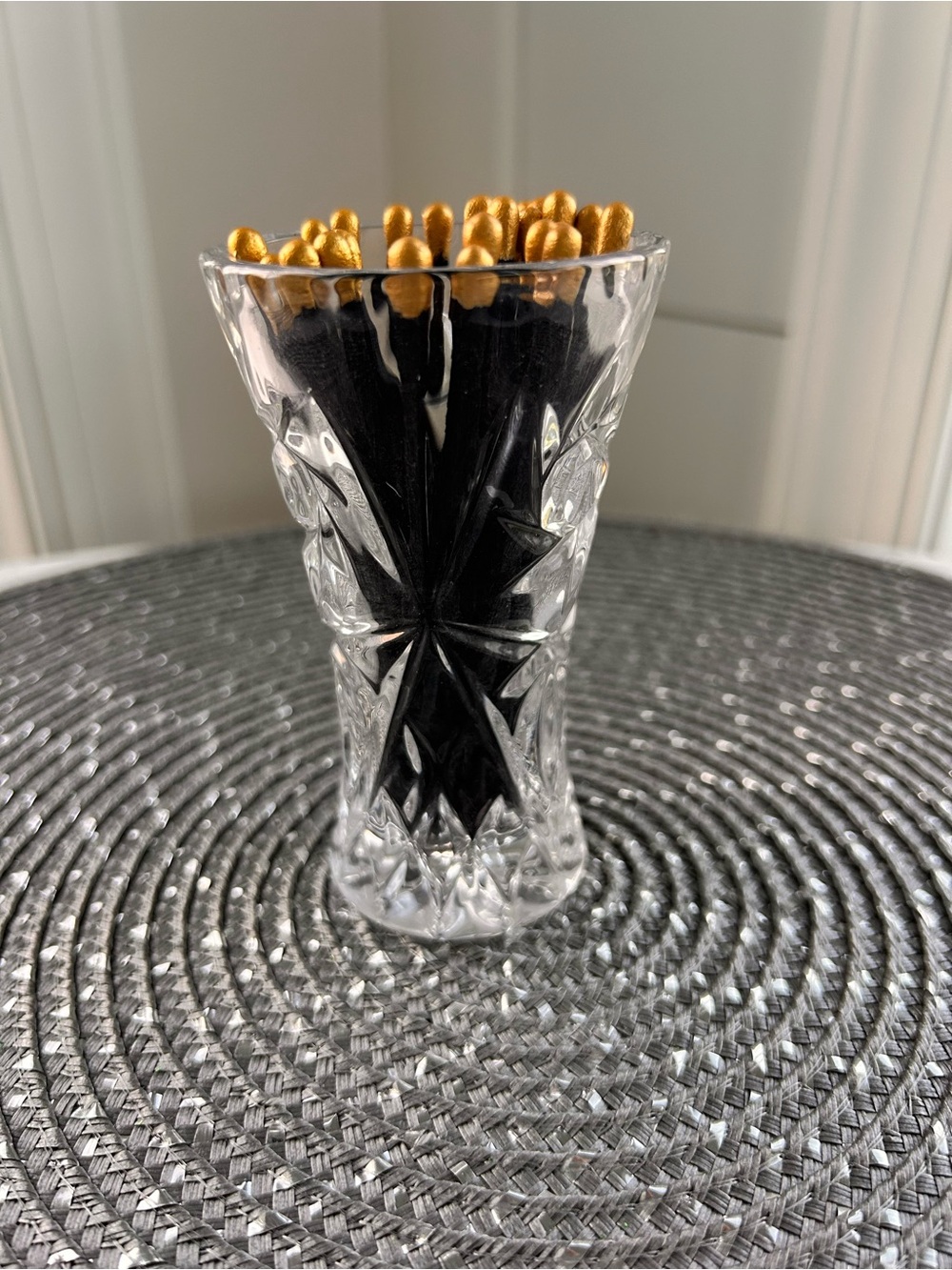 Restyle! Lenox Clear Cut-Glass Vase holder with Gold-Tipped Black matchsticks